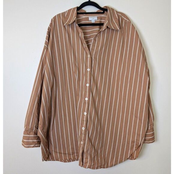 J. Jill Oversized Cotton Button Up Shirt 3X Tan Striped Coastal Grandmother Boho - Picture 2 of 7